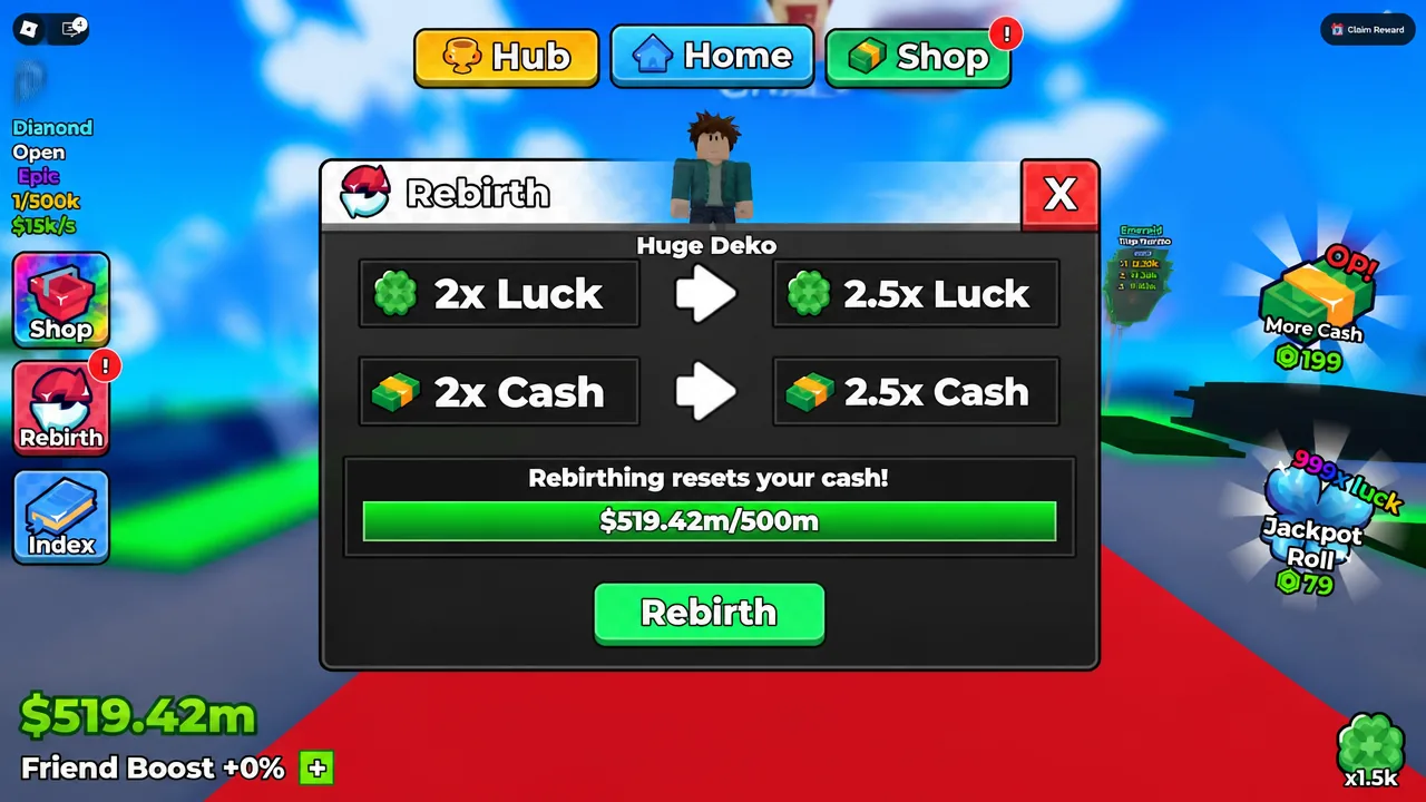 Rebirth menu showing a Cash and Luck multiplier increase